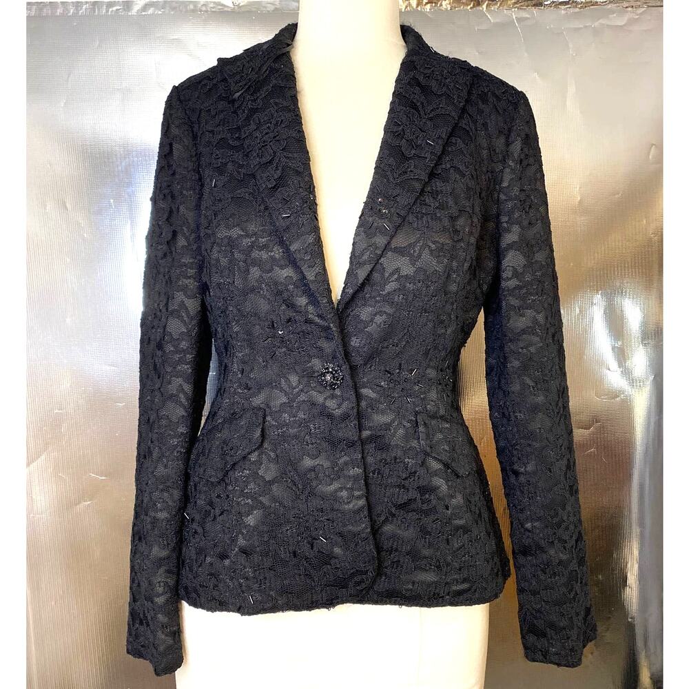 Studio Blk Lace Overlay Blazer Jewel Closure Lined w/ beaded accents Sz 10